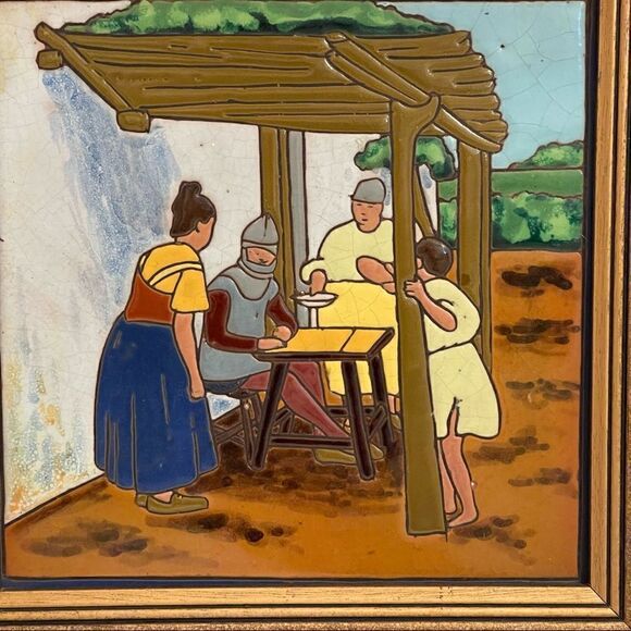 Antique Don Quixote Scene 8” Enameled Clay 8” Square Tiles Custom Framed - Picture 9 of 16